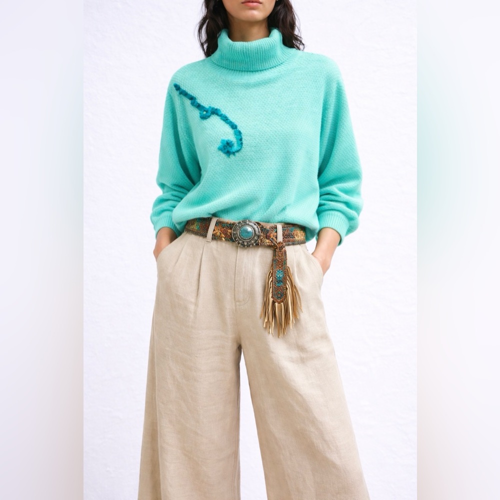 Lydiane Turtleneck Balloon-Sleeve Popcorn Turquoise Sweater size small